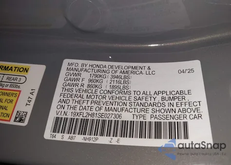 2025 Honda Civic Sedan Sport z USA, uszkodzony, nr VIN 19XFL2H81SE027306